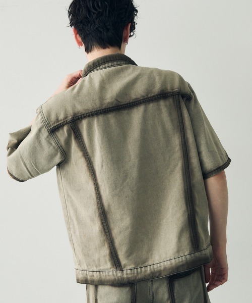 Shoowtime（ショウタイム）の「Vintage brown wash short sleeve denim set up / ビンテージブラウンウォッシュ半袖デニムセットアップ（セットアップ・メンズ・グレー・MEDIUM/LARGE/X-LARGE）」の15枚目の写真