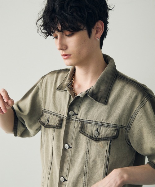 Shoowtime（ショウタイム）の「Vintage brown wash short sleeve denim set up / ビンテージブラウンウォッシュ半袖デニムセットアップ（セットアップ・メンズ・グレー・MEDIUM/LARGE/X-LARGE）」の14枚目の写真