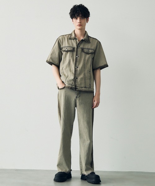 セール】Vintage brown wash short sleeve denim set up