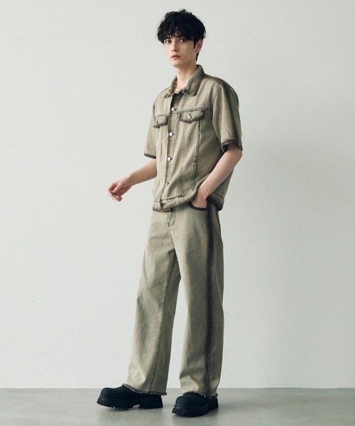 Shoowtime（ショウタイム）の「Vintage brown wash short sleeve denim set up / ビンテージブラウンウォッシュ半袖デニムセットアップ（セットアップ・メンズ・グレー・MEDIUM/LARGE/X-LARGE）」の4枚目の写真