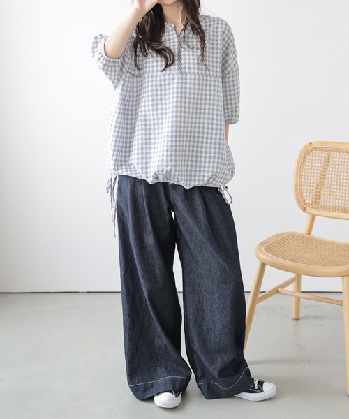 La-gemme(ラジェム)の「ギンガムチェックプルオーバー(Tシャツ/カットソー・レディース・グレー/ブラック/ベージュ・フリー)」の15枚目の写真