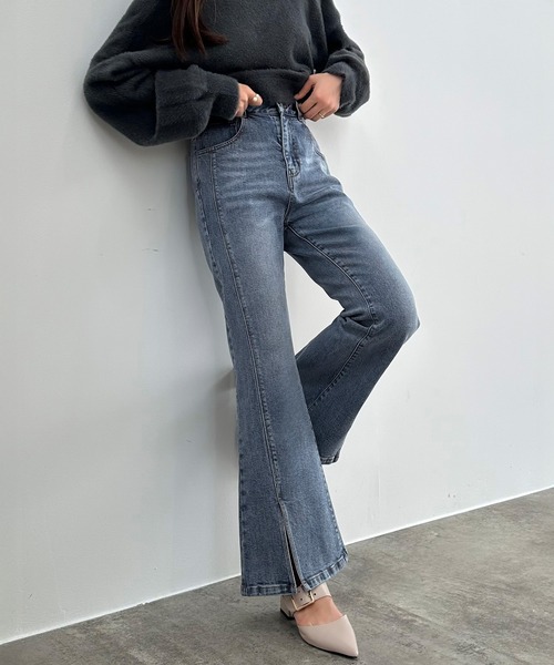 CENEA(セネア)の「ストレッチスリットフレアデニム(デニムパンツ・レディース・ブラック/ライトブルー・SMALL/LARGE/MEDIUM)」の1枚目の写真