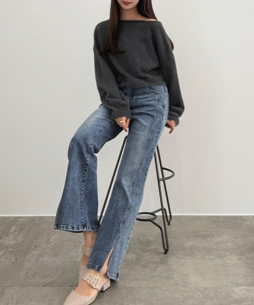 CENEA(セネア)の「ストレッチスリットフレアデニム(デニムパンツ・レディース・ブラック/ライトブルー・SMALL/LARGE/MEDIUM)」の3枚目の写真