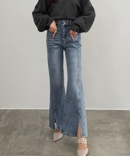 CENEA(セネア)の「ストレッチスリットフレアデニム(デニムパンツ・レディース・ブラック/ライトブルー・SMALL/LARGE/MEDIUM)」の5枚目の写真