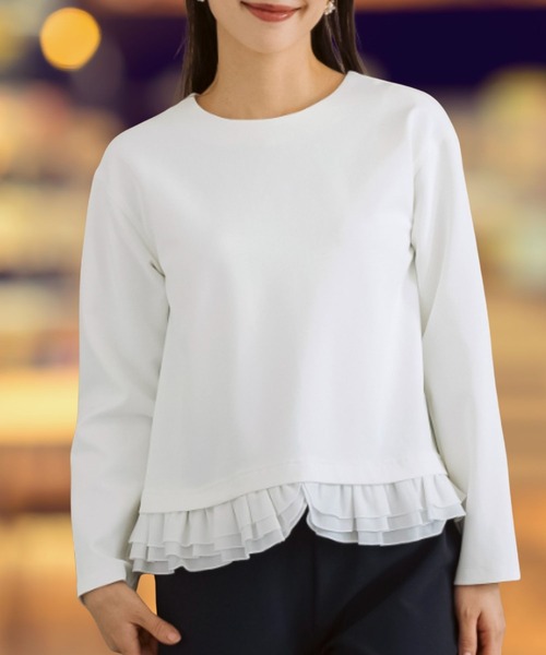 Sono(ソーノ)の「ご自宅でお洗濯可能/UVカット/ストレッチ/日本製【SONO/ソーノ】【Magical Stretch】ミニギャザーフリルヘムPO(Tシャツ/カットソー・レディース・ネイビー/ホワイト/ブラック・F)」の1枚目の写真