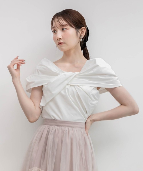 RANDA(ランダ)の「リボンドッキングカットトップス(Tシャツ/カットソー・レディース・グレー/ホワイト/ブラック・FREE)」の2枚目の写真