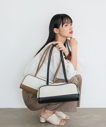 ミニボストンバッグ 横長フォルム 横長バッグ バイカラー キャンバスバッグ 長めハンドル