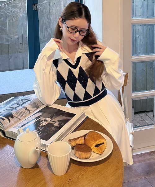 アーガイルベスト付シャツミニワンピース（シャツワンピース）｜ROYAL