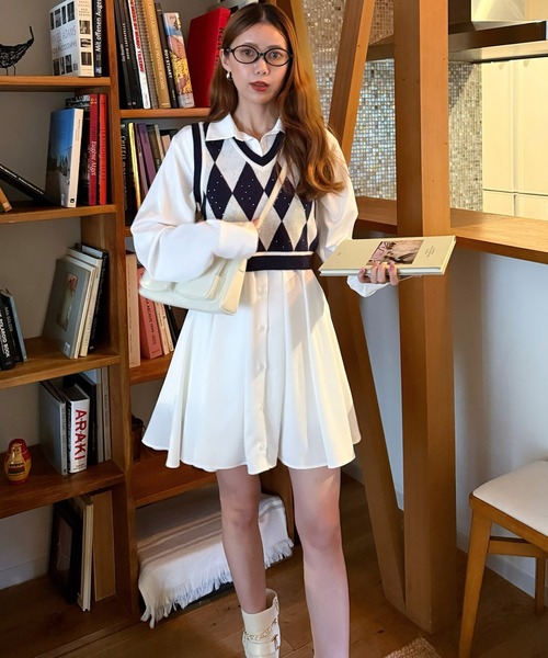 アーガイルベスト付シャツミニワンピース（シャツワンピース）｜ROYAL