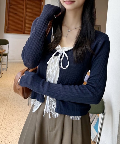 Ada.（エイダ）の「レース レイヤード デザイン Vネック カーディガン