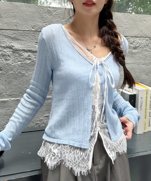 セール】レース レイヤード デザイン Vネック カーディガン