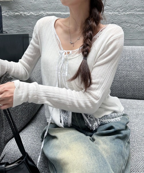 Ada.(エイダ)の「レース レイヤード デザイン Vネック カーディガン(カーディガン/ボレロ・レディース・ネイビー/ブルー/オフホワイト・FREE)」の15枚目の写真
