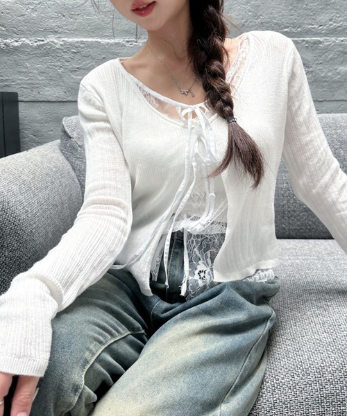 Ada.（エイダ）の「レース レイヤード デザイン Vネック カーディガン