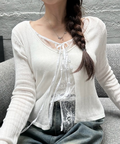 レース レイヤード デザイン Vネック カーディガン（カーディガン