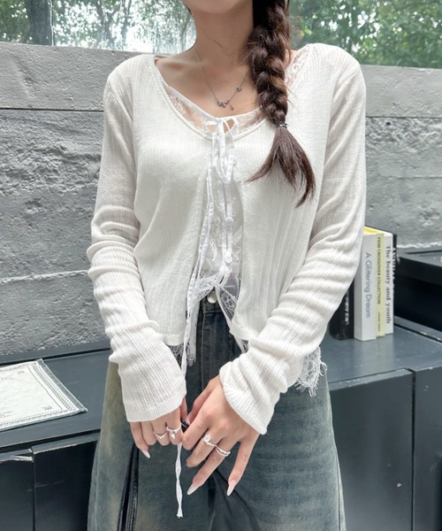 Ada.(エイダ)の「レース レイヤード デザイン Vネック カーディガン(カーディガン/ボレロ・レディース・ネイビー/ブルー/オフホワイト・FREE)」の17枚目の写真