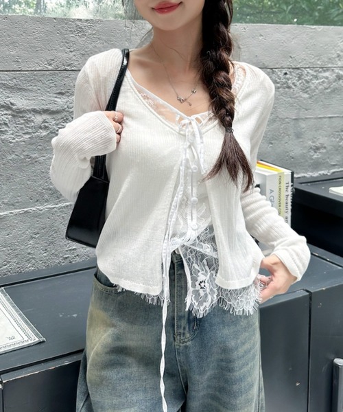 Ada.(エイダ)の「レース レイヤード デザイン Vネック カーディガン(カーディガン/ボレロ・レディース・ネイビー/ブルー/オフホワイト・FREE)」の18枚目の写真