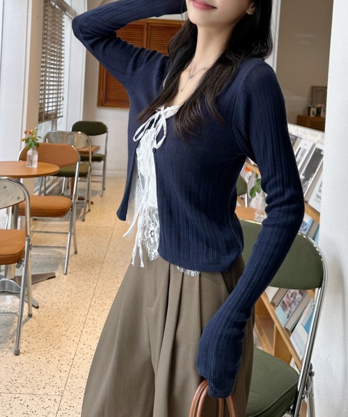 セール】レース レイヤード デザイン Vネック カーディガン