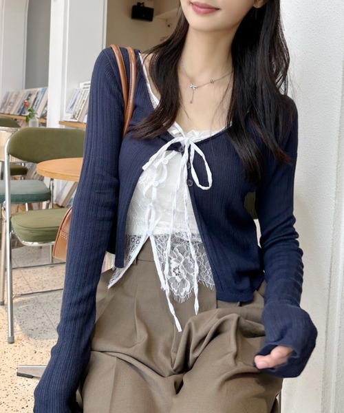 セール】レース レイヤード デザイン Vネック カーディガン