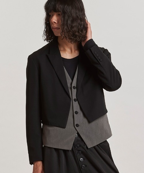 NO ID.(ノーアイディ)の「mj11077-レイヤードショートJKT ジャケット(457006-315J)(その他アウター・メンズ・ブラック/ブラック×グレー・1/2)」の20枚目の写真