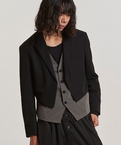 NO ID.(ノーアイディ)の「mj11077-レイヤードショートJKT ジャケット(457006-315J)(その他アウター・メンズ・ブラック/ブラック×グレー・1/2)」の21枚目の写真