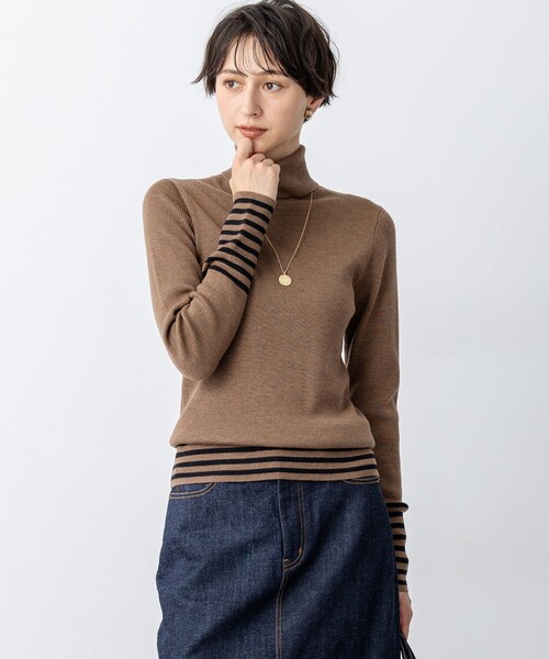 【新品•未着用】23区✩ウールリブタートルボーダーニット セール】ウーステッドウール リブタートル ボーダー ニット（ニット