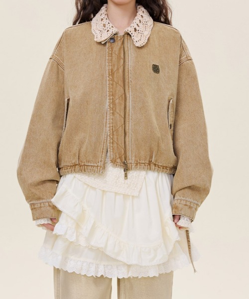 Aelina(エリナ)の「デニム切り替えジャケット(ブルゾン・レディース・インディゴブルー/キャメル・M/L/XL)」の1枚目の写真