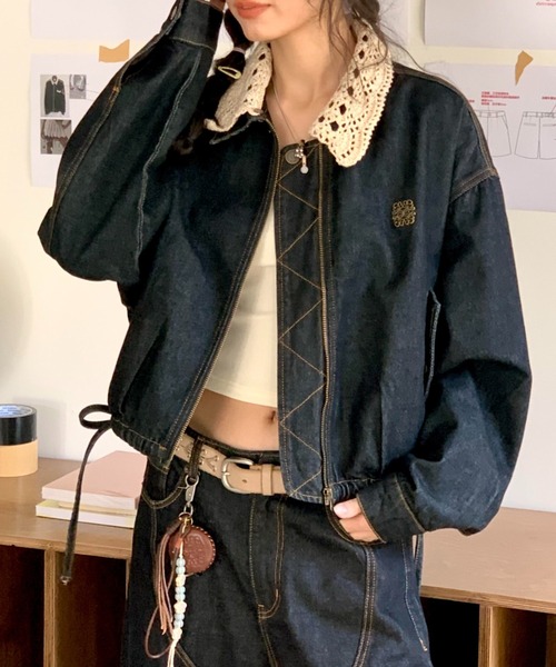 Aelina(エリナ)の「デニム切り替えジャケット(ブルゾン・レディース・インディゴブルー/キャメル・M/L/XL)」の3枚目の写真