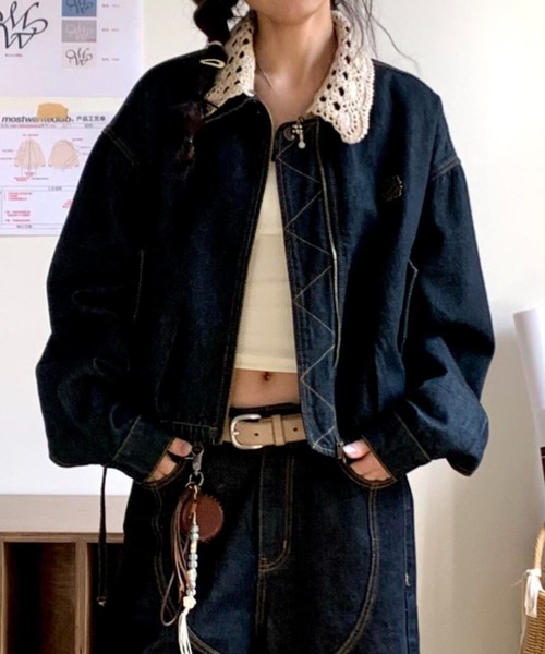 Aelina(エリナ)の「デニム切り替えジャケット(ブルゾン・レディース・インディゴブルー/キャメル・M/L/XL)」の4枚目の写真