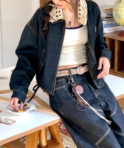 Aelina(エリナ)の「デニム切り替えジャケット(ブルゾン・レディース・インディゴブルー/キャメル・M/L/XL)」の5枚目の写真