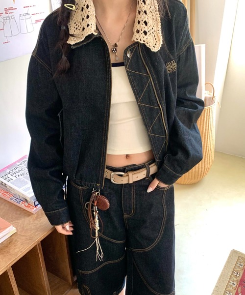 Aelina(エリナ)の「デニム切り替えジャケット(ブルゾン・レディース・インディゴブルー/キャメル・M/L/XL)」の6枚目の写真