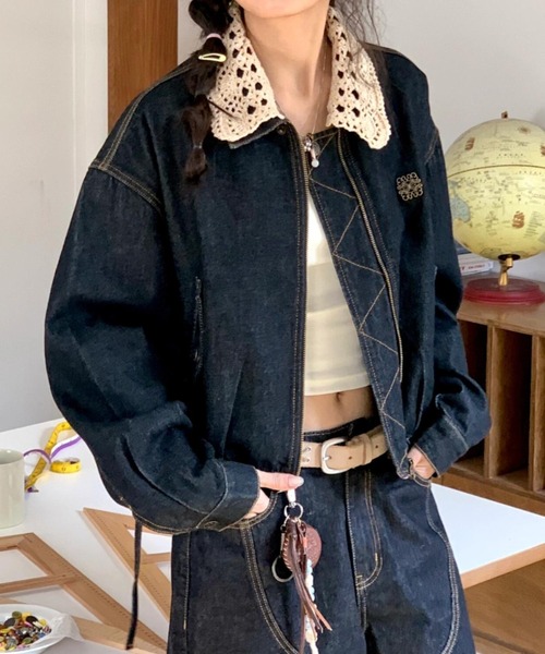 Aelina(エリナ)の「デニム切り替えジャケット(ブルゾン・レディース・インディゴブルー/キャメル・M/L/XL)」の11枚目の写真