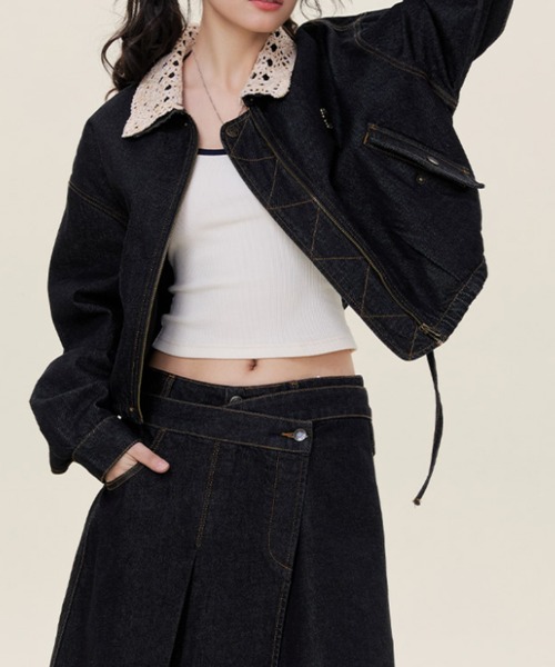 Aelina(エリナ)の「デニム切り替えジャケット(ブルゾン・レディース・インディゴブルー/キャメル・M/L/XL)」の14枚目の写真