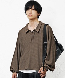 【MinoriTY】薄軽生地シアー素材ワッフルバルーンスリーブポロシャツ メンズ 秋服 春服