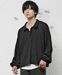 【MinoriTY】薄軽生地シアー素材ワッフルバルーンスリーブポロシャツ メンズ 秋服 春服