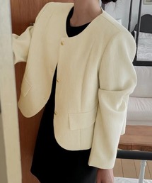 ノーカラージャケット（ホワイト/白色系・コットン）ファッション通販