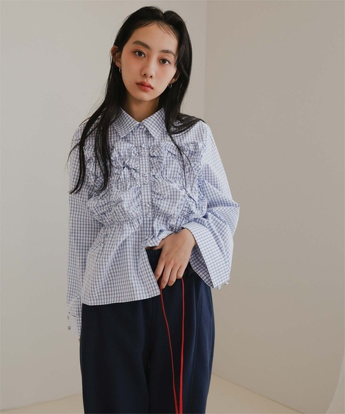 miette(ミエット)の「ダブルボタンギャザーデザインブラウス(シャツ/ブラウス・レディース・ブラック系その他/オフホワイト/チェック・M/S)」の3枚目の写真