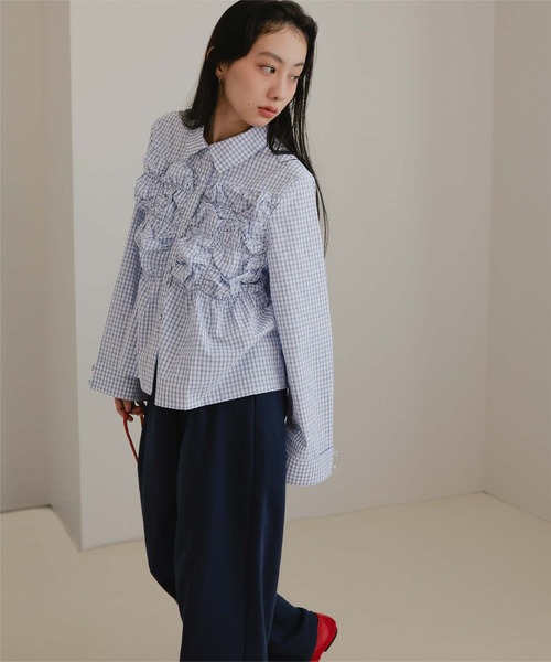 miette(ミエット)の「ダブルボタンギャザーデザインブラウス(シャツ/ブラウス・レディース・ブラック系その他/オフホワイト/チェック・M/S)」の4枚目の写真