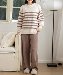 DAY CLOSET（デイ クローゼット）の「レディース 長袖もこもこボーダートップス+腹巻付きロングパンツルームウェア 上下2点セット（ルームウェア/パジャマ）」