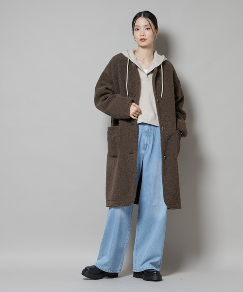 NANO universe（ナノユニバース）の「ソフトボアノーカラーコート（ノーカラーコート・レディース・ブラック/カーキブラウン/アイボリー・FREE）」の6枚目の写真