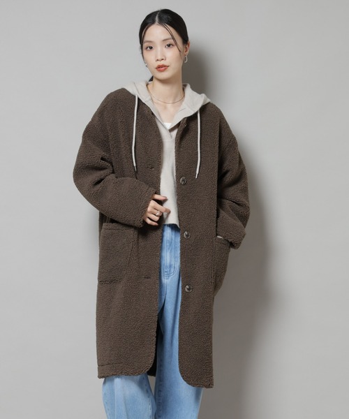 NANO universe（ナノユニバース）の「ソフトボアノーカラーコート（ノーカラーコート・レディース・ブラック/カーキブラウン/アイボリー・FREE）」の4枚目の写真