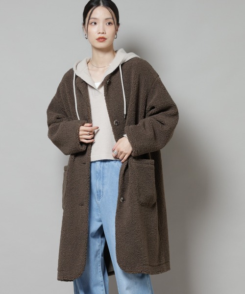 NANO universe（ナノユニバース）の「ソフトボアノーカラーコート（ノーカラーコート・レディース・ブラック/カーキブラウン/アイボリー・FREE）」の5枚目の写真