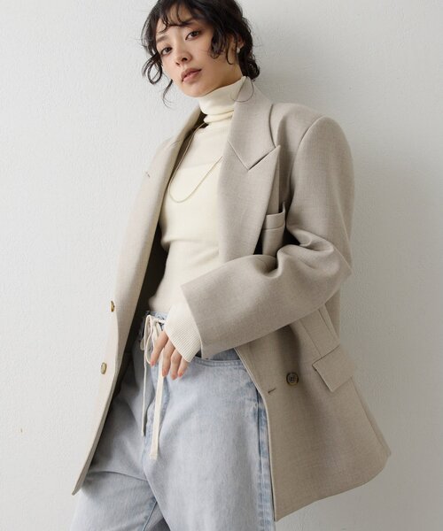 Whim Gazette（ウィムガゼット）の「ボンディングオーバージャケット（テーラードジャケット・レディース・ベージュ/グレー・FREE）」の13枚目の写真
