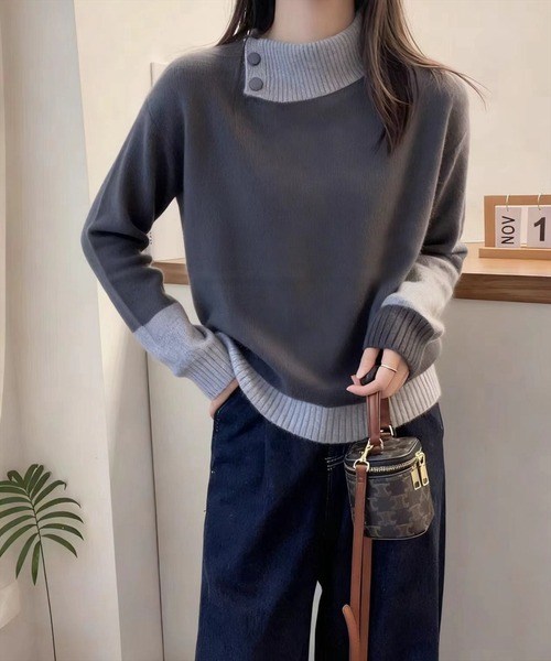 STAY MOTION（ステイモーション）の「【WEB限定】襟ボタン配色長袖ニット［韓国ファッション カジュアル］（ニット/セーター・レディース・チャコールグレー/グレー・F）」の6枚目の写真