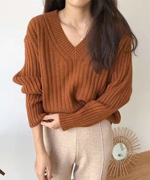 Vネックリブ編みゆるニットプルオーバー