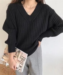 Vネックリブ編みゆるニットプルオーバー