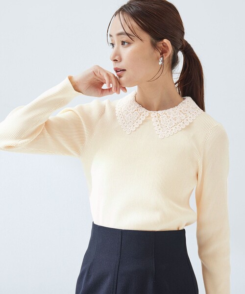 green label relaxing（グリーンレーベルリラクシング）の「リブ エリレース 2WAY ニット プルオーバー ウォッシャブル（ニット/セーター・レディース・ライトグレー/その他1/ネイビー/オフホワイト・FREE）」の2枚目の写真