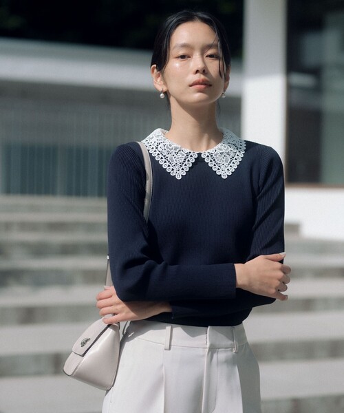 green label relaxing（グリーンレーベルリラクシング）の「リブ エリレース 2WAY ニット プルオーバー ウォッシャブル（ニット/セーター・レディース・ライトグレー/その他1/ネイビー/オフホワイト・FREE）」の7枚目の写真