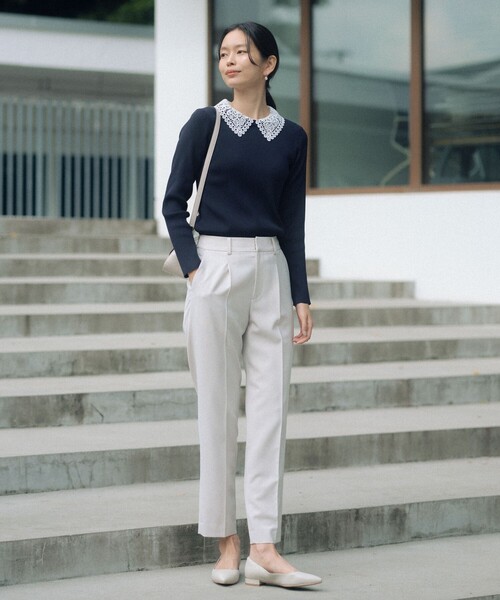 green label relaxing（グリーンレーベルリラクシング）の「リブ エリレース 2WAY ニット プルオーバー ウォッシャブル（ニット/セーター・レディース・ライトグレー/その他1/ネイビー/オフホワイト・FREE）」の8枚目の写真