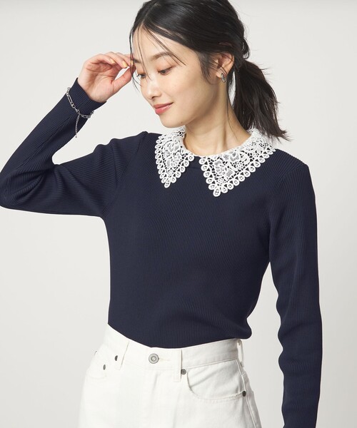 green label relaxing（グリーンレーベルリラクシング）の「リブ エリレース 2WAY ニット プルオーバー ウォッシャブル（ニット/セーター・レディース・ライトグレー/その他1/ネイビー/オフホワイト・FREE）」の9枚目の写真