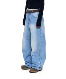 セール】98 Printed Knee Pin-tuck Denim Pants (Black)（デニムパンツ